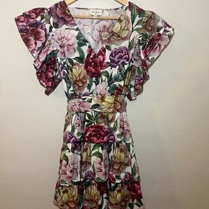 Aura Floral Print Dress|Ruffle Sleeves|Stretch Waist|Size XLE|NWOT